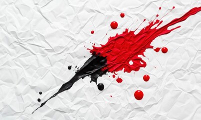 Poster - Dynamic splash of red and black paint on crumpled white paper, an intriguing abstract design.