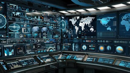 Poster - High-tech control room features multiple screens showing maps, data points, and analytics, focusing on global information management