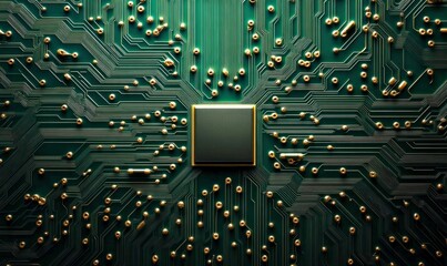 Poster - Detailed green circuit board showcasing computer hardware, microchips, and golden connections.
