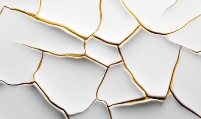 Poster - Detailed kintsugi showcases the art of repairing broken white pottery with golden lines.