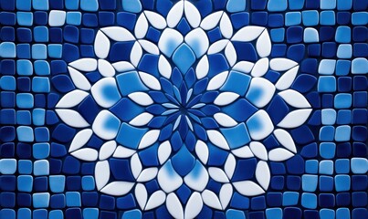 Poster - A captivating mosaic of blue and white tiles arranged in an abstract floral pattern.