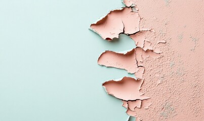 Poster - Peeling coral paint reveals aged textures on a serene blue wall, creating an interesting abstract background.