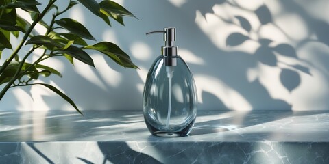 Poster - elegant glass dispenser on marble surface with soft shadows cast by nearby leaves in a minimalist se