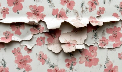 Poster - Close-up of peeling floral wallpaper reveals distressed patterns and textures, hinting at a bygone era.