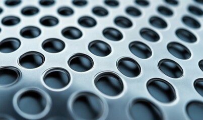 Poster - A macro shot showcases a metallic surface intricately perforated with a repetitive circular pattern.