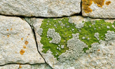 Poster - A weathered stone wall adorned with vibrant green and white lichen creates a textured surface.