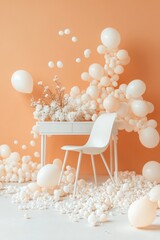 Poster - Bright, modern interior showcases a white chair next to a playful display of peach balloons and delicate flowers, creating a vibrant and inviting atmosphere