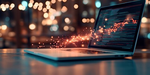 Poster - Close-up of a laptop displaying vibrant coding while sparkling elements emerge, set in a contemporary workspace with soft city lights in the background