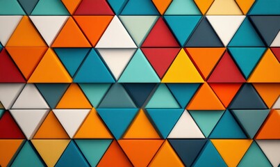 Poster - A vibrant and modern background featuring a geometric arrangement of colorful triangles in 3D render.