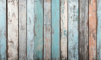 Poster - Distressed wooden planks display a rustic charm with peeling paint in serene white, blue, and peach hues.