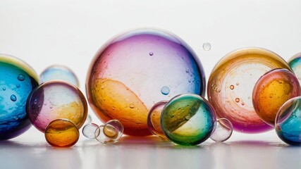Poster - Colorful glass spheres arranged on a surface reflecting light during bright daylight