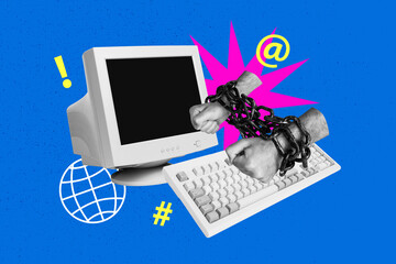 Aufkleber - Creative composite sketch design artwork collage of retro computer monitor hand hold fist chain handcuffs jail job keypad internet remote