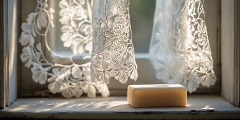 Poster - sunlight streaming through lace curtains highlights a bar of soap on a windowsill in a serene indoor