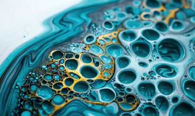 Poster - A mesmerizing turquoise and gold acrylic paint pour reveals intricate cell-like formations.