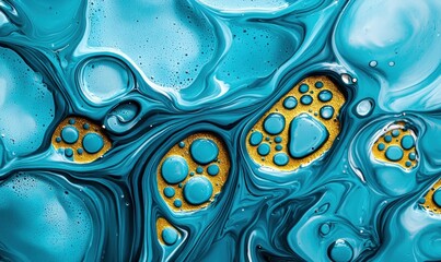 Poster - A vibrant, abstract mix of turquoise paint and gold ink creates mesmerizing swirls and shapes.