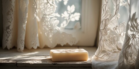 Poster - natural light and a delicate lace curtain softly illuminate a single bar of soap on a windowsill
