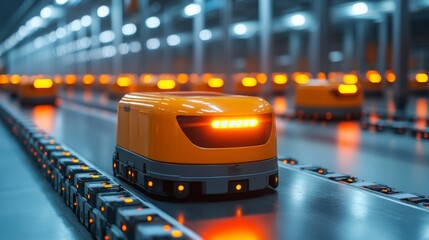 Poster - Innovative robotic vehicles navigate a state of the art warehouse, facilitating the sorting and distribution of inventory while enhancing operational efficiency.