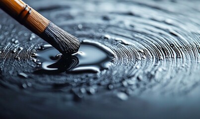 Poster - A paintbrush dips into a pool of black liquid, creating a striking contrast of textures and light.