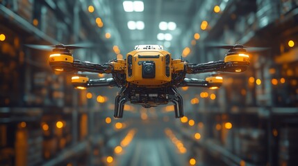 Aufkleber - Drones equipped with cameras are actively navigating a large warehouse, assisting in inventory management and enhancing sorting and fulfillment processes in logistics.