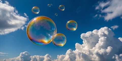 Poster - Colorful soap bubbles floating against a bright sky filled with fluffy clouds