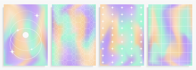 Poster - Retro background set with geometric forms and blinks on the vivid colorful blended background. Vector backdrops, illustrations, y2k aesthetics.