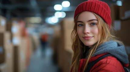 Fototapete - A young woman wearing a red beanie stands in a bustling logistics warehouse, showcasing her smile amid packed boxes and busy staff engaged in sorting and fulfillment activities.