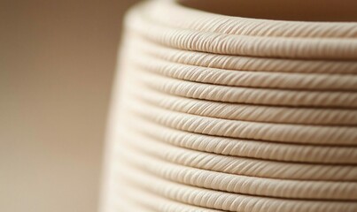 Poster - Close-up of a fluted beige vase reveals intricate horizontal ridges in soft, neutral lighting.