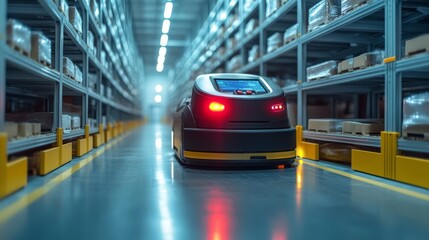 Poster - An autonomous robot navigates through a spacious logistics warehouse, handling inventory and optimizing storage solutions in a well organized environment.