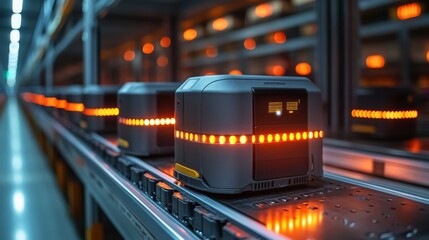 Poster - Automated systems are efficiently sorting and organizing inventory within a spacious warehouse. Bright lights indicate active processing during a busy period of operations.