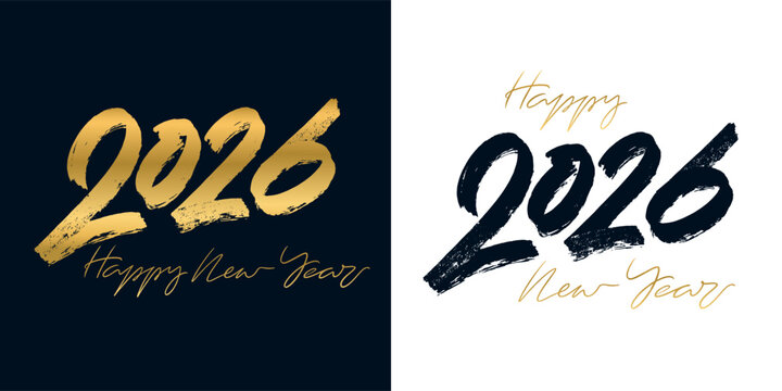 Golden handwritten inscription 2026 happy new year. We wish you a happy new year 2026. Hand drawn lettering, greeting card, Vector illustration design.