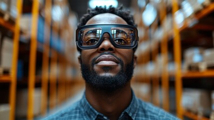 Poster - A warehouse logistics professional stands confidently in a storage area, wearing stylish glasses. Boxes line the shelves, showcasing the organized atmosphere during inventory management tasks.