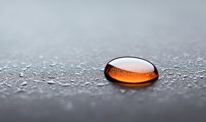 Poster - A single amber droplet clings to a textured gray surface, reflecting light in a macro image.