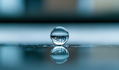 Poster - A glass sphere reflects an interior scene, creating a mirrored abstract image on a wet surface.