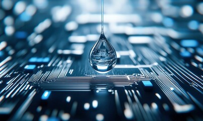 Poster - A single water drop levitates above a complex, illuminated circuit, representing technological purity.