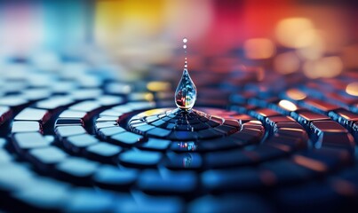 Poster - A single water drop creates mesmerizing ripples on a patterned blue surface with colorful bokeh.