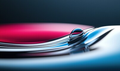 Poster - A single water droplet clings to a sleek surface, reflecting light in a vibrant display of red and blue hues.