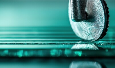 Poster - A detailed macro photograph of glass surface shows teal textures, reflections, and industrial design.