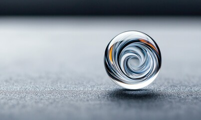 Poster - A clear glass marble with an intricate swirl design sits elegantly on a textured gray backdrop.