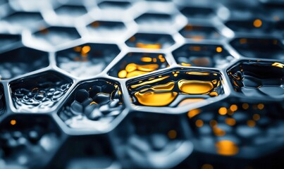 Poster - A close-up of a reflective honeycomb structure filled with a golden liquid creates a captivating abstract pattern.