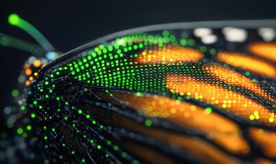 Poster - Close-up of a monarch butterfly wing seamlessly integrated with circuit board patterns and glowing green dots.