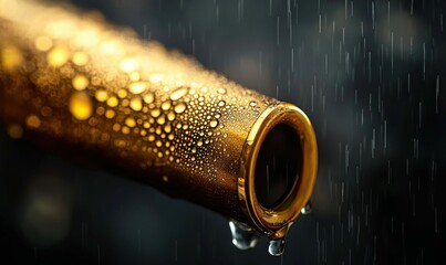 Poster - Golden tube sparkles in the rain, with water droplets clinging to its surface and adding a touch of drama.