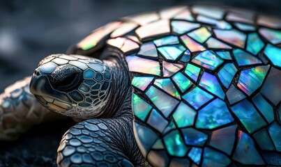 Wall Mural - detailed close up of a sea turtle's patterned shell, featuring iridescent blues and greens.