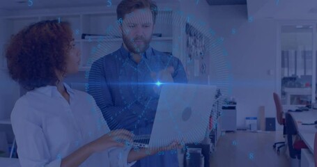 Poster - Discussing data insights, business professionals in office with digital animation overlay