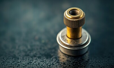 Poster - A close-up shows a brass valve stem, highlighting its industrial design and textural details.