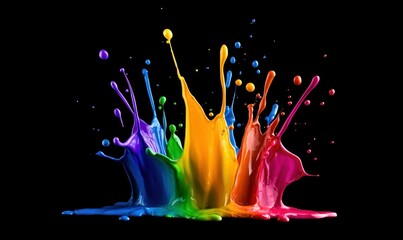 Poster - A mesmerizing splash of vibrant rainbow paint creates a dynamic, colorful explosion on black.