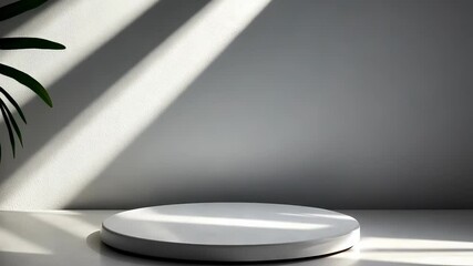 Aufkleber - Minimalist shadows round podium illuminated on white floor mockup by window light beams creating white on gray wall, perfect for product placement video 4k