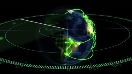 Poster - Animation of digital globe with green data lines and radar grid on continents