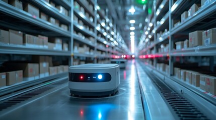 Fototapete - A robot is actively moving along a well organized aisle in a warehouse, surrounded by neatly arranged boxes on shelves, highlighting advanced logistics and inventory management practices.