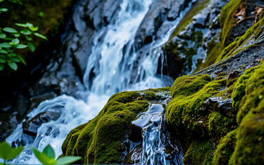 Poster - Gentle waterfall flows over mossy rocks. Water cascades down a rock face amidst green moss and foliage in a natural setting.