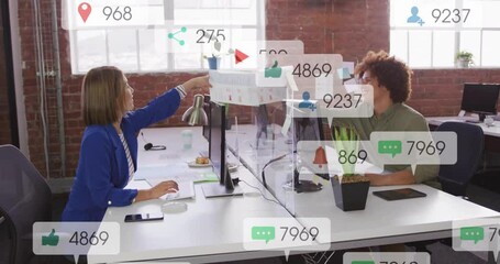 Poster - In office, colleagues exchanging documents with animation of social media notifications